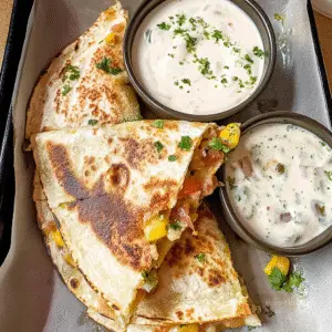 Cheesy Elote Quesadilla with Cumin Lime Crema