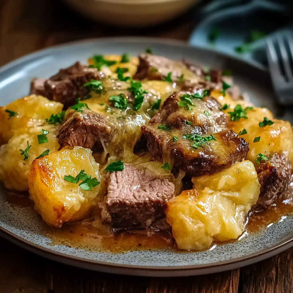 Yummy Slow Cooker Steak and Cheddar Casserole
